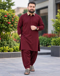 Maroon Shalwar Kameez with Beige Collar Detailing - Front View