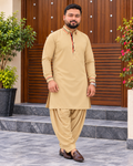 Beige Shalwar Kameez with Striped Collar Detailing