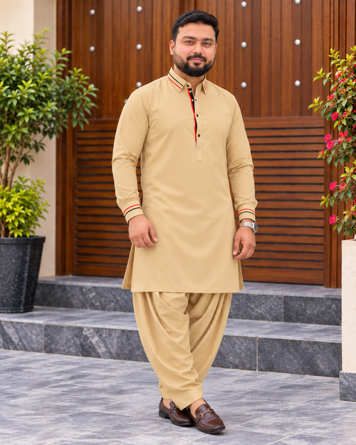 Beige Shalwar Kameez with Striped Collar Detailing