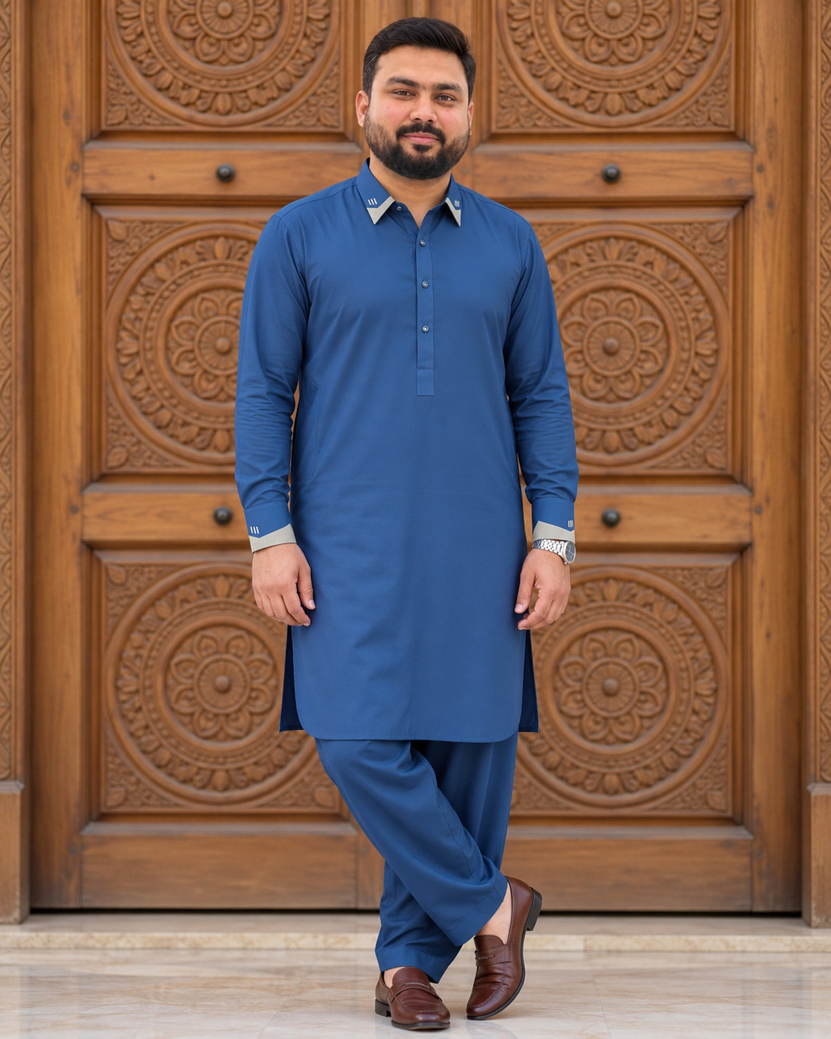 Royal Blue Shalwar Kameez with Silver Detailing - Front View