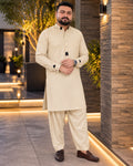 Cream Shalwar Kameez with Black Detailing - Front View