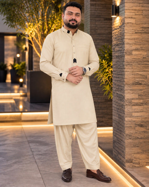 Cream Shalwar Kameez with Black Detailing - Front View