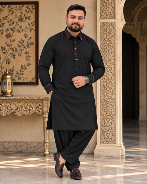 Black Shalwar Kameez with Multicolor Cuff Detailing - NW Alkaram