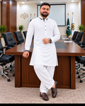 White Shalwar Kameez with Grey Collar Detailing - NW Alkaram